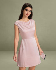 Pink Boat Neck Satin Mini Dress