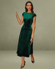Green Velour A-Line Midi Dress
