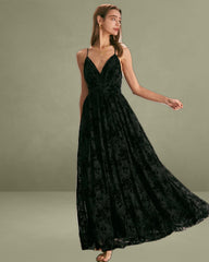 The Black Floral Flocked Mesh Slit Maxi Dress