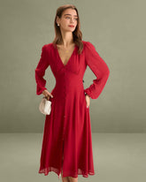 Women's Red V-Neck Puff Sleeve Slit Midi Dress