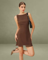Coffee Round Neck Sleeveless Mini Dress