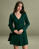 The Green V Neck Button Shirt Mini Dress
