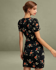 Black V-Neck Floral Button-Up Mini Dress