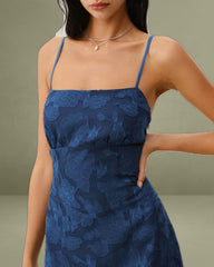 Navy Jacquard Backless Maxi Slip Dress