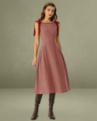 Red Plaid Tie Strap A-Line Midi Dress