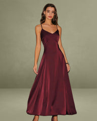 Wine Red Satin A-Line Slip Maxi Dress