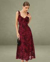 Red Floral Ruffle Slip Midi Dress