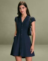 The Navy Lapel Cap Sleeve Button-up Mini Dress