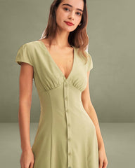 Green V-Neck Button Midi Dress
