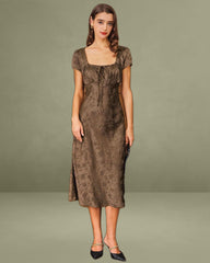 Brown Jacquard A-Line Midi Dress