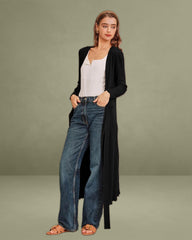 Black V Neck Wrap Knit Midi Dress