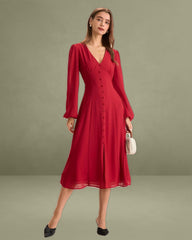 Women's Red V-Neck Puff Sleeve Slit Midi Dress