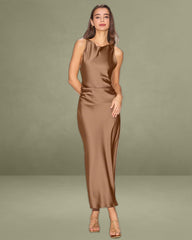 Coffee Satin Boat Neck Slip Midi Dress