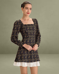 Black Contrasting Puffed Sleeve Mini Dress