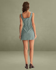 Green Plaid Square Neck Mini Slip Dress