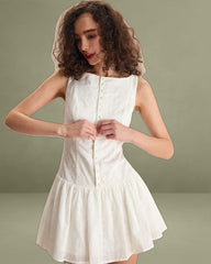 Women's White Boat Neck Jacquard Cotton Mini Dress