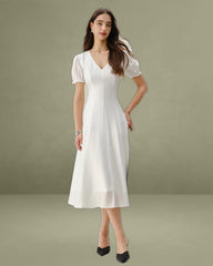 White Puffed Sleeve V Neck Midi Dress