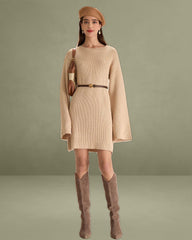 Beige Drop Shoulder Sweater Mini Dress