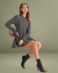 Grey Buttoned Pleated Mini Skirt Dress