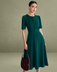 Green Puffed Sleeve Button Midi Dress
