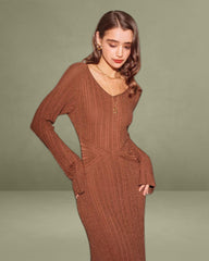 Brown Bell Sleeve Bodycon Sweater Dresses