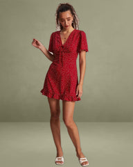 The Red V Neck Polka Dot Flounce Mini Dress