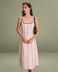 The Khaki Square Neck Contrast Midi Dress