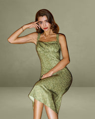 Green Floral Square Neck Slip Midi Dress