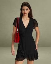 Black V Neck Chiffon Mini Dress