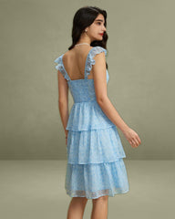 Blue Sweetheart Neck Tiered Midi Dress