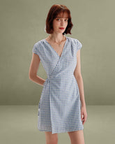 Blue Plaid Cap Sleeve Wrap Mini Dress