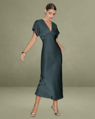 Green Satin Cowl Sleeve Mid-length Dress