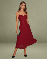 Red A-Line Corset Midi Slip Dress