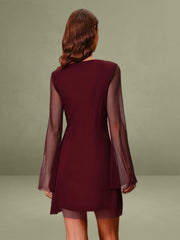 Wine Red Boat Neck Mesh Mini Dress