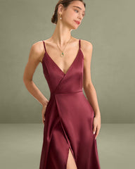 Red Satin Slit Maxi Dress