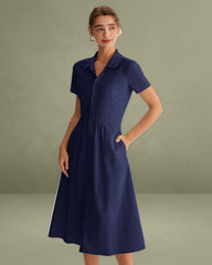 Navy Pocket Short Sleeve Midi Dress