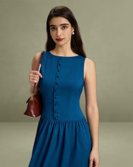 Blue Boat Neck Button Pocket Midi Dress