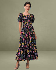 Black Floral Square Neck Shirred Maxi Dress
