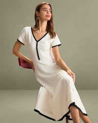 Women's White Contrasting Sweater Midi Dress