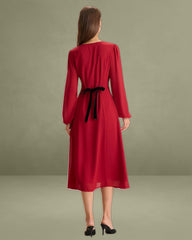 Women's Red V-Neck Puff Sleeve Slit Midi Dress