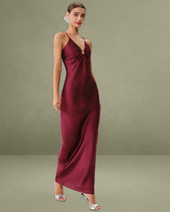 Wine Red Ruched V Neck Slip Maxi Dress