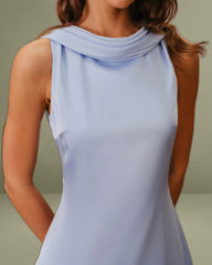 Blue Satin Cowl Neck Backless Short Dress