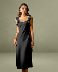 Black Ruffle Square Neck Slip Midi Dress
