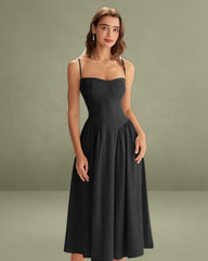 Black Square Neck Pocket Slip Midi Dress