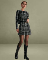 The Black Crew Neck Plaid A-Line Mini Dress