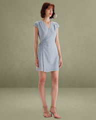 Blue Plaid Cap Sleeve Wrap Mini Dress