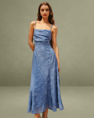 Blue Jacquard Ruched Maxi Slip Dress