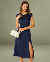Navy Satin Cut Out Slit Midi Dress