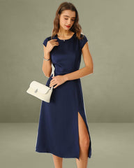 Navy Satin Cut Out Slit Midi Dress