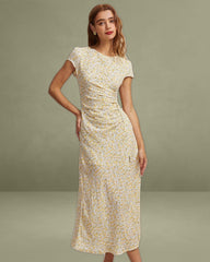 The Yellow Round Neck Floral Midi Dress